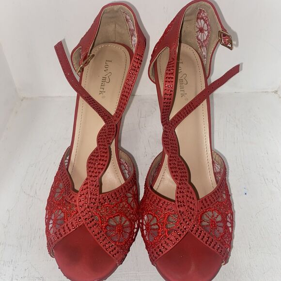 Lov Mark High Heels Womens Red Glitter Platform Ankle Strap Sandal Sz 8 - Picture 3 of 8